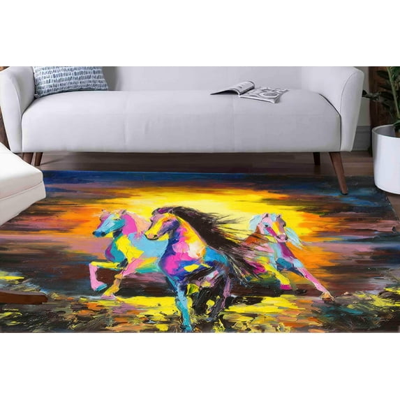 Abstract Horse Rugs, Animal Rug, Running Horse Painting Rug, Pattern Rug, Horse Lover Gift Rug, Outdoor Rugs, Housewarming Gift Rug, 5.2'x7.5' - 160x230 cm