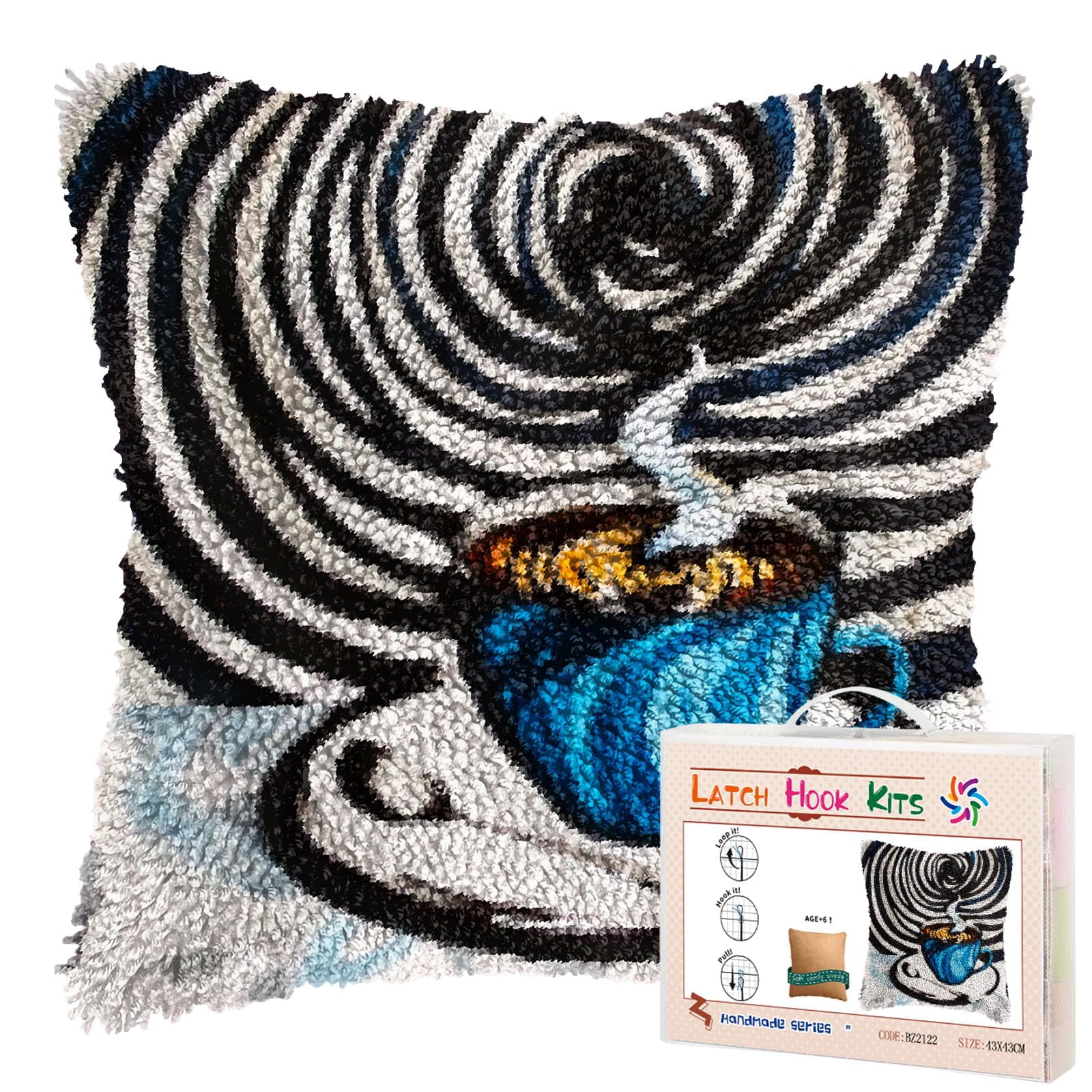 Abstract Hot Coffee Cup DIY Latch Hook Pillow Kits for Adults Printed Pillowcase Crochet Yarns Hooking Handmade Pillow Cover Cushion for Home Sofa Decoration 17x17inch