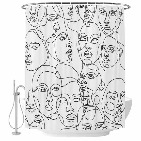 Abstract Human Face Fabric Shower Curtain Mid Century Aesthetic Portrait Washable Shower Curtains for Bathroom, Waterproof Bath Curtain with Hooks Home Decor 72x72in