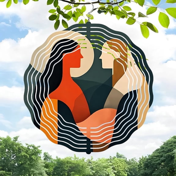 Abstract Human Figures Metal Wind Spinner - Concentric Circles Design for Yard & Garden - Elegant Wind Chimes with Flowing Hair