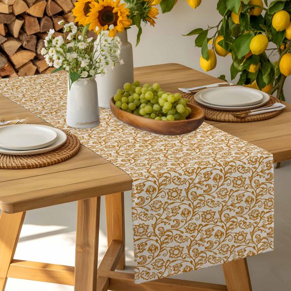 Abstract Idyllic Cashew Flower Texture Table Runner-36 Inch Long Floral on Beige Table Runners Linen Burlap Tablerunner for Kitchen Dining Room Holiday Party