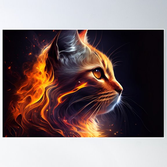 Abstract Illustration Of A Cat With Fire Flames Fur In Orange Color On Dark Background For Design Poster Wall Art, Modern Wall Decor For Living Room Bedroom, 12x18 UNFRAMED