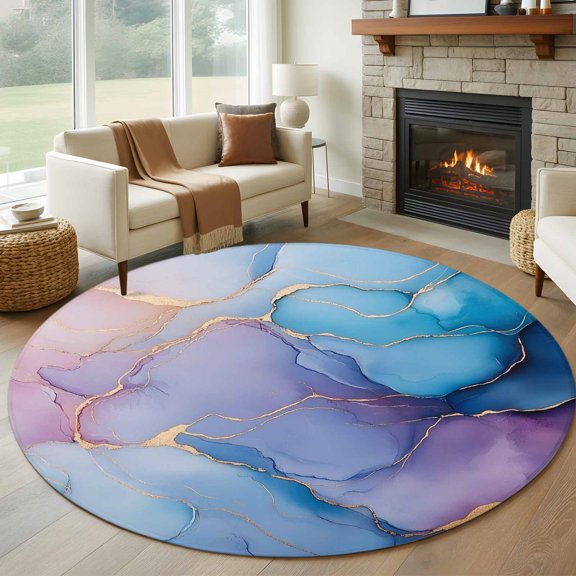 Abstract Impressionist 8FT Round Area Rugs for Living Room Blue Marble Texture Ultra-Thin Non-Slip Round Rugs Machine Washable Low Pile Circle Carpet for Bedroom Kitchen Nursery