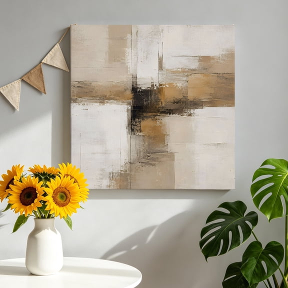 Abstract Impressionist Canvas Wall Art, Brown Tan Expressionist Painting Splatters Framed Canvas Wall Decor Picture Print Artwork Decorations for Living Room Office Ready to Hang 8" x 8"