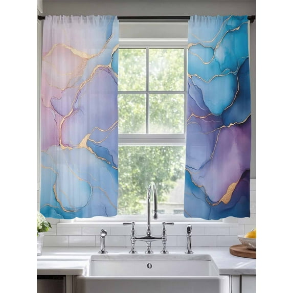 Abstract Impressionist Sheer Curtains 72 Inches Long 2 Panels Blue Marble Texture Light Filtering Semi Sheer Window Curtains Drapes for Bedroom Living Room 52"x72"