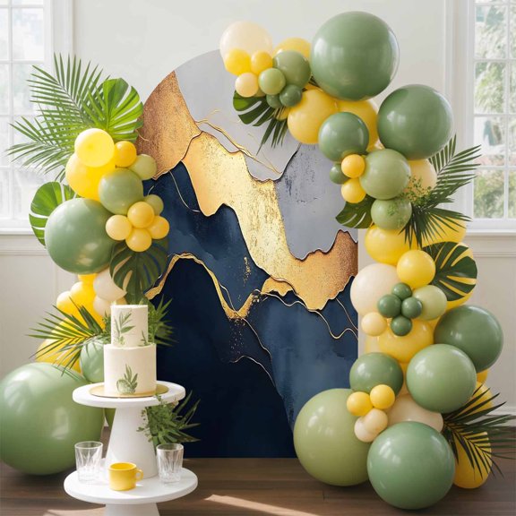 Abstract Impressionist Style Arch Backdrop Cover, 4FT, Gold Navy Blue Color Block Spandex Arch Covers Double-Sided Backdrop for Wedding Birthday Party Photo Background Decoration