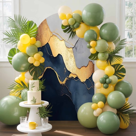 Abstract Impressionist Style Arch Backdrop Cover, 6.6FT, Gold Navy Blue Color Block Spandex Arch Covers Double-Sided Backdrop for Wedding Birthday Party Photo Background Decoration