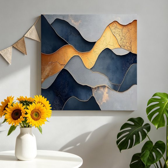 Abstract Impressionist Style Canvas Wall Art for Living Room, Gold Blue Color Block Poster Print Painting for Bedroom Office Home Decoration Wall Pictures Prepare To Hang 10"x10"