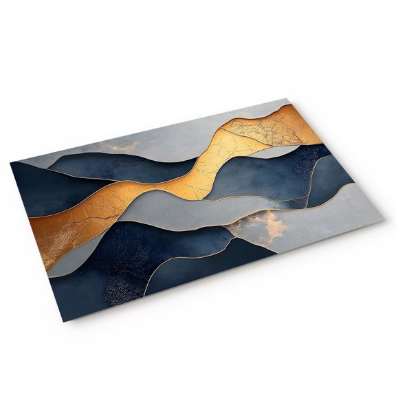 Abstract Impressionist Style Door Mat Gold Blue Color Block Non Slip Absorbent Entrance Mat Washable Low Profile Indoor Doormat for Front Door Entryway Entry 16"x24"