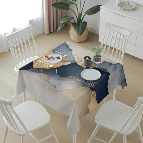 Abstract Impressionist Style Painting Table Cloth 54x54in, Waterproof Square Tablecloth Wipeable Tablecloths Gold Beige Blue Color Block Table Covers for Dining Tables Party Indoor Outdoor