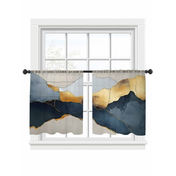 Abstract Impressionist Style Sheer Curtains for Living Room Bedroom, Light-filtering Sheer Curtain, Navy Blue Gold Color Block LigRod Pocket Voile Window Treatment Drapes, 52’’Wx54’’L, 2 Panels Set
