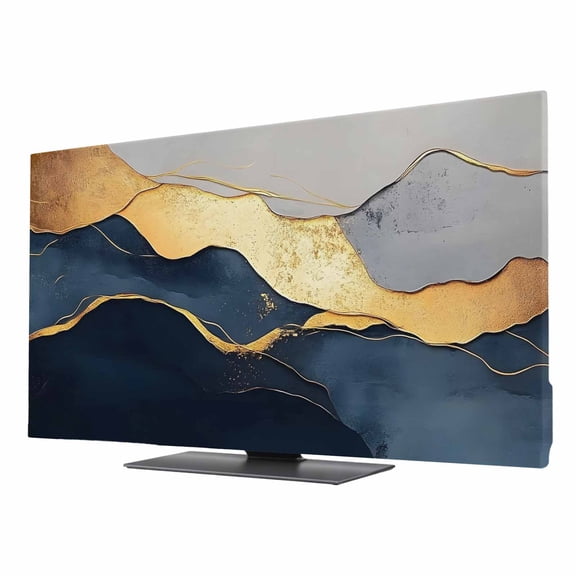 Abstract Impressionist Style TV Dust Cover 24 Inch, Gold Navy Blue Color Block Computer Monitor Cover Dustproof Stretchable Indoor TV Screen Protector for LED LCD Universal Monitors