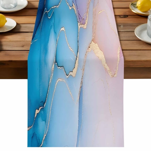 Abstract Impressionist Table Runner, Blue Marble Texture Cotton Linen Table Cloth, Tablerunner for Kitchen Dining Party Wedding Home Decor 13x36 Inch