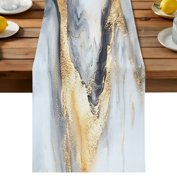 Abstract Impressionist Table Runner, Gary Gold Marble Texture Cotton Linen Table Cloth, Tablerunner for Kitchen Dining Party Wedding Home Decor 13x36 Inch