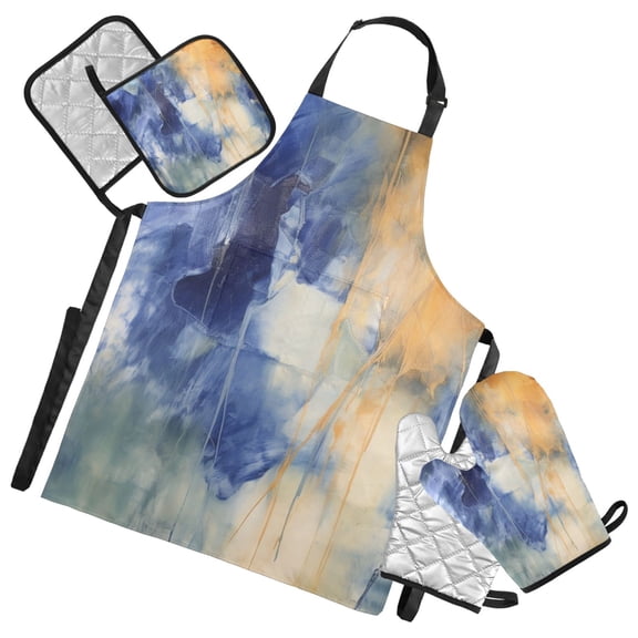 Abstract Indigo Oil Painting 5 Pcs Kitchen Set Heat Resistant Oven Mitts and Non-Slip Pot Holders with Adjustable Cooking Apron