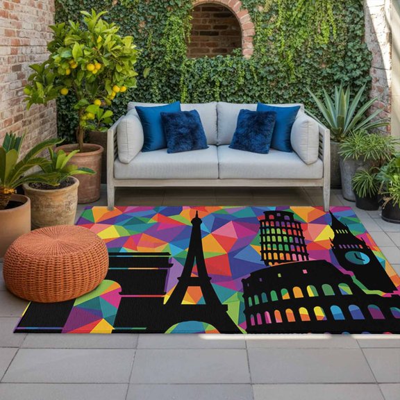 Abstract Indoor Outdoor Rugs 3x5 Ft, Colorful Patchwork Geometric Modern City Silhouette Outdoor Patio Rugs Mat Washable Outside Area Rugs Carpet for Porch Deck RV Camping Pool Balcony Backyard