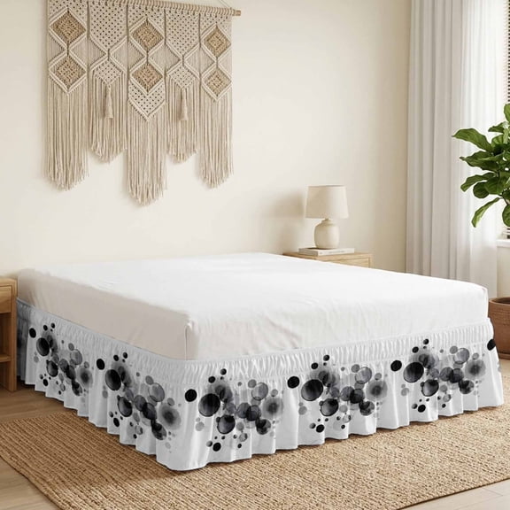 Abstract Ink Bed Skirt Bed Skirts Queen Size 18 Inch Drop, Black Ink Splatter Bubbles Drops Wrap Around Dust Ruffle Bedskirt with Adjustable Elastic Belt for Queen Size Beds