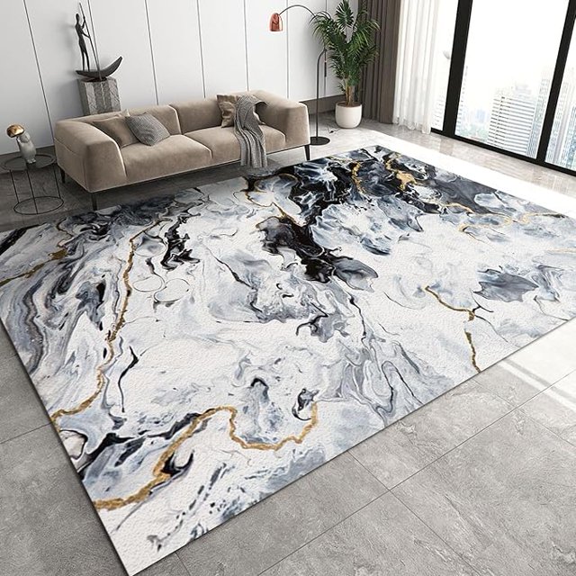 Abstract Ink Black And White Swirl Art Area Rug, Luxury Modern Marble