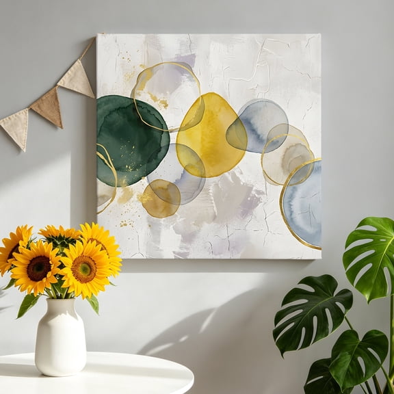 Abstract Ink Canvas Wall Art, Green Yellow Blue Ink Splatter Bubbles Drops Framed Canvas Wall Decor Picture Print Artwork Decorations for Living Room Office Ready to Hang 8" x 8"