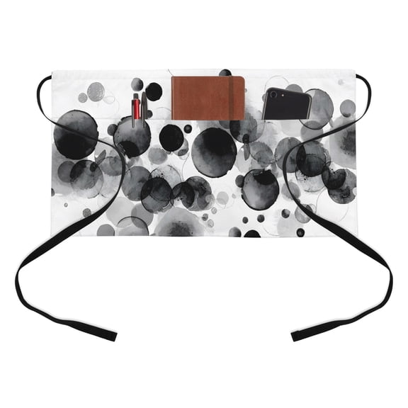 Abstract Ink Kitchen Restaurant Half Waist Apron, Black Ink Splatter Bubbles Drops Server Short Apron with 3 Pockets Waterproof Oil Waist Aprons for Women Waitress Waiter