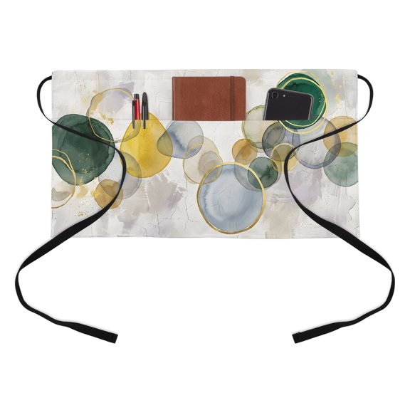 Abstract Ink Kitchen Restaurant Half Waist Apron, Green Yellow Blue Ink Splatter Bubbles Drops Server Short Apron with 3 Pockets Waterproof Oil Waist Aprons for Women Waitress Waiter