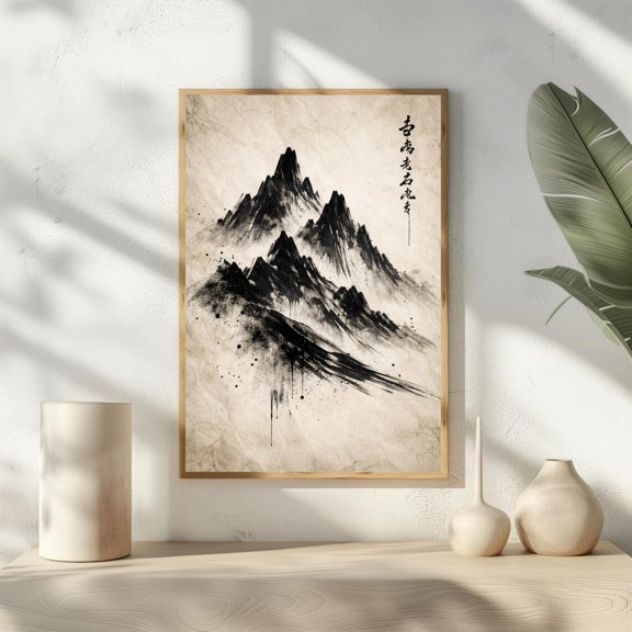 Abstract Ink Mountain Minimal Sumi-E Style Zen Japanese Inspired Modern Neutral Decor, Unframed Poster