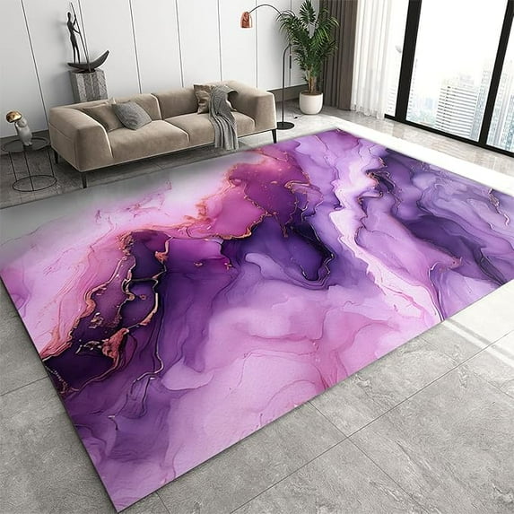 Abstract Ink Paint Washable Rug Purple And Gold Marble Area Rugs, Fluid Texture Carnival Living Room Rugs Soft And Fluffy For Indoor Outdoor Pad Home Decor 5 x 6ft