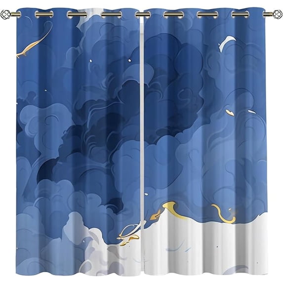 Abstract Ink Painting Curtains For Living Room, Blue And White Darkening Window Curtain, Washable Polyester Privacy Window Drapes For Apartment Office Restaurant 42"W x 84"L (Pack of 2)