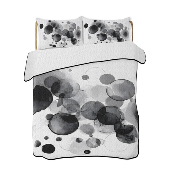 Abstract Ink Quilts Bedding Set Queen Size Black Ink Splatter Bubbles Drops Lightweight Quilted Bedspread 3 Piece Bed Quilt with 2 Pillow Shams All Season for Bedroom 78" x 90"
