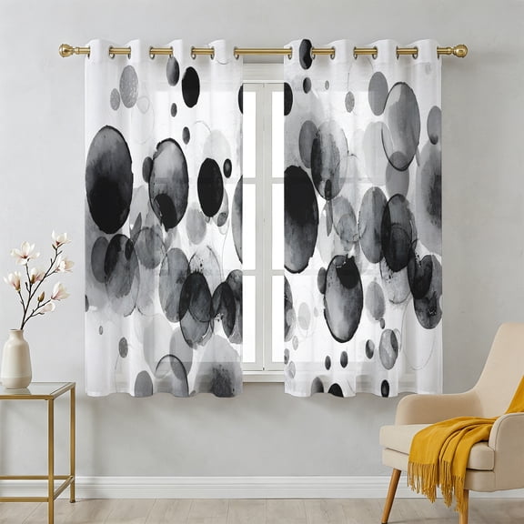 Abstract Ink Sheer Curtains 39 Inch Long 2 Panels, Black Ink Splatter Bubbles Drops Light Filtering Semi Sheer Drapes Grommet Voile Window Curtain for Living Bedroom W27.9 x L39