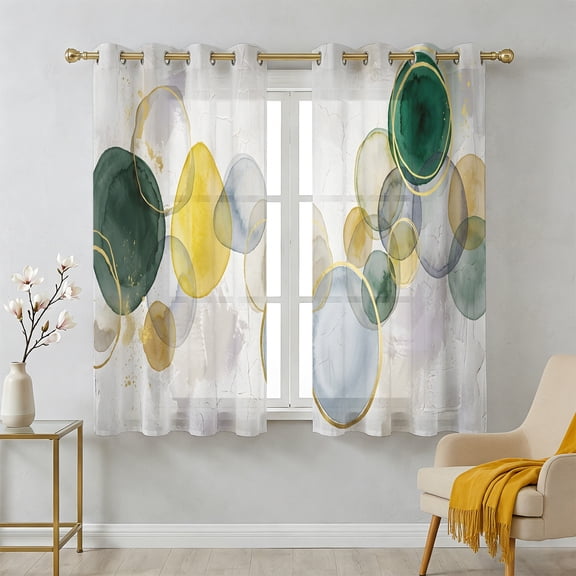 Abstract Ink Sheer Curtains 39 Inch Long 2 Panels, Green Yellow Blue Ink Splatter Bubbles Drops Light Filtering Semi Sheer Drapes Grommet Voile Window Curtain for Living Bedroom W27.9 x L39