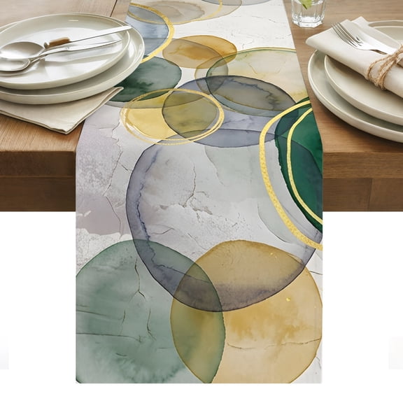 Abstract Ink Table Runner, Green Yellow Blue Ink Splatter Bubbles Drops Cotton Linen Kitchen Dining Table Runner Cloth Dresser Scarf Decoration for Party Home Decor 13x36in