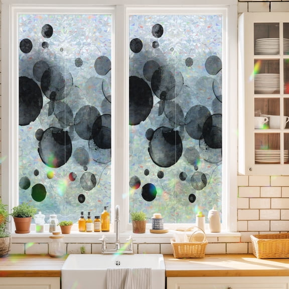 Abstract Ink Window Privacy Film Black Ink Splatter Bubbles Drops Static Cling Stained Glass Window Film Non-Adhesive Decorative Decals Rainbow Sticker 17.7"X39.3"