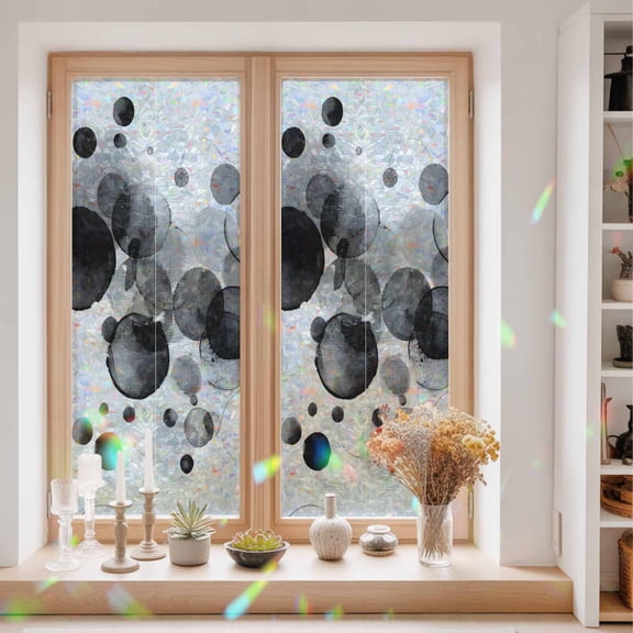 Abstract Ink Window Privacy Film Black Ink Splatter Bubbles Drops Static Cling Stained Glass Window Film Non-Adhesive Decorative Decals Rainbow Sticker 23.6"X59"