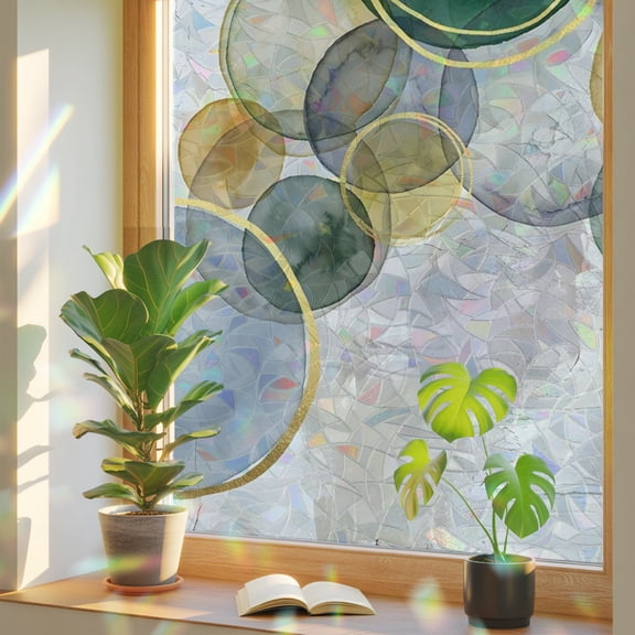 Abstract Ink Window Privacy Film, Green Yellow Blue Ink Splatter Bubbles Drops Stained Glass Rainbow Film Decorative Window Clings, Static Cling Sun Blocking Stickers 17.7" x 39.3"