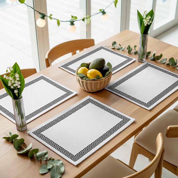 Abstract Inspired Greek Key Pattern Placemats Set of 4,Wipeable Washable Table Mats for Dining Tables, Geometric Twist Line on White Place Mats for Kitchen Event Party Tabletop Decor