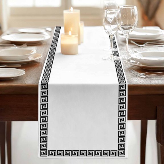 Abstract Inspired Greek Key Pattern Table Runner Dresser Scarf,Kitchen Dining Table Decoration Geometric Twist Line on White Linen Table Runners for Home Wedding Indoor Outdoor Party,13x70in