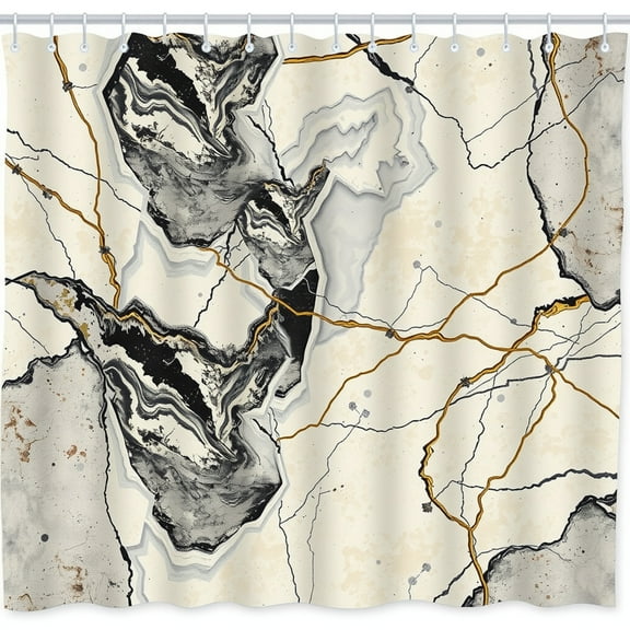 Abstract -Inspired Shower Curtain with Gold Accents - Creamy Beige Black & Gray Design
