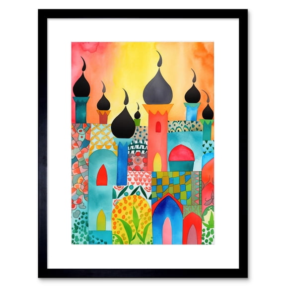 Abstract Islamic Cityscape Folk Art Artwork Framed Print Wall Art 9X7 Inch