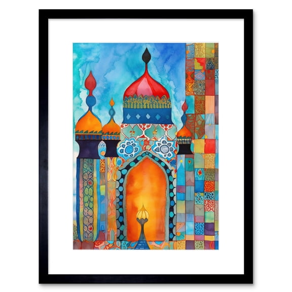 Abstract Islamic Mosque Entrance Prayer Folk Art Artwork Framed Print Wall Art 9X7 Inch