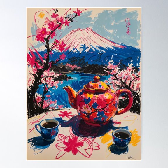 Abstract Japanese Artwork - Cherry Blossoms, Mount Fuji And A Traditional Teapot Poster Wall Art, Modern Wall Decor For Living Room Bedroom, 12x18 UNFRAMED