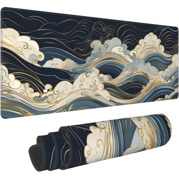 Abstract Japanese Ocean Waves Gaming Mouse Pad XL, Large Non Slip Rubber Mousepad, Stitched Edges Mouse Pads, Long Extended Mice Pad,31.5'''' X 11.8''''