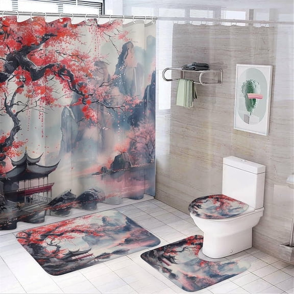 Abstract Japanese Red Sun Waterfall Shower Curtain Set Bathroom Set Decorative Modern Painting Art Japanese Ancient Architecture Forest Florals 4 Piece Shower Curtain Toilet Cover U-Mat Flo
