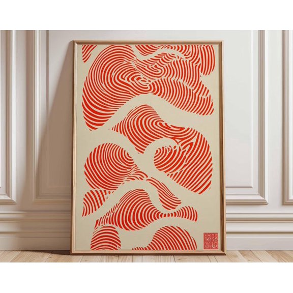 Abstract Japanese Red Wave Modern Minimalist Zen Geometric Line Wall Art Print, Unframed Paper Poster 8x10in