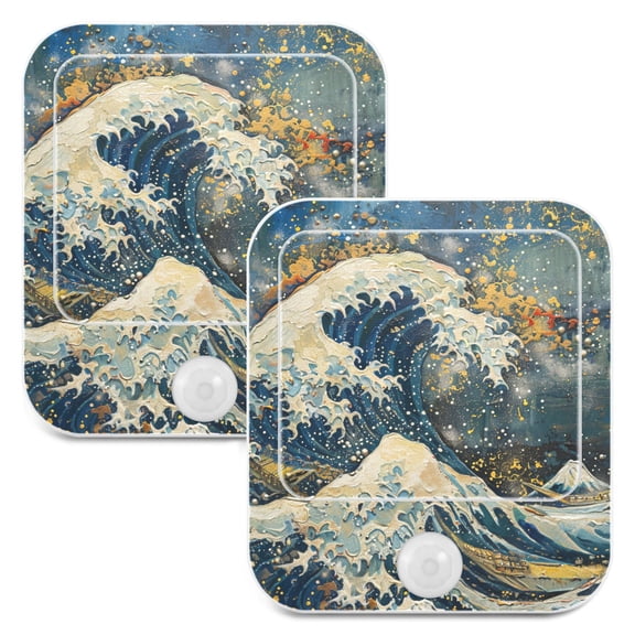 Abstract Japanese Wave 2 Pack LED Motion Sensor Night Light Plug into Wall Auto Dusk to Dawn Adjustable Brightness for Kids Bedroom Hallway Nursery Room