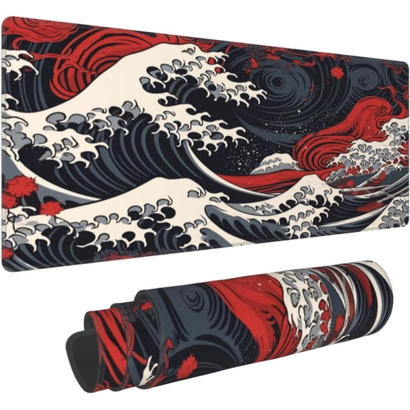 Abstract Japanese Wave Gaming Mouse Pad XL, Large Non Slip Rubber Mousepad, Stitched Edges Mouse Pads, Long Extended Mice Pad,31.5'''' X 11.8''''