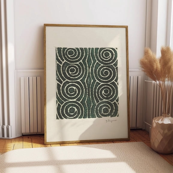 Abstract Japanese Woodblock Pattern Green Geometric Spiral Wave Wall Art, Unframed Canvas
