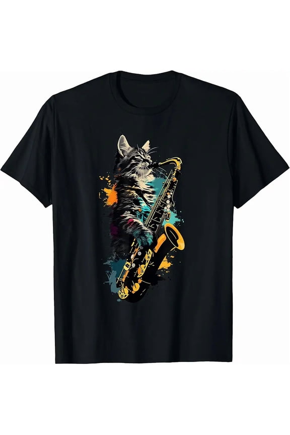 Abstract Jazz Cat Playing Saxophone Unisex Short Sleeve Graphic T-Shirt