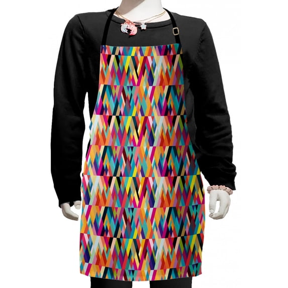 Abstract Kids Apron, Bauhaus Style Pattern of Geometric Shapes as Colorful Diagonal Tiles Modern Print, Boys Girls Apron Bib with Adjustable Ties for Cooking Baking Painting, Multicolor, by Ambesonne