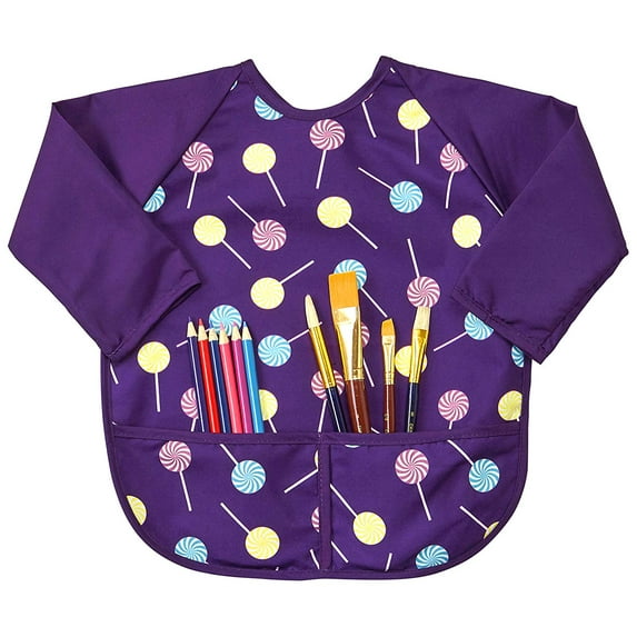 Abstract Kids Art Smock Apron - Purple Lollypop Long Sleeve Waterproof Bib for Painting, Feeding and More - 2 Pockets - Microfiber with Vinyl Lining - Extra Large